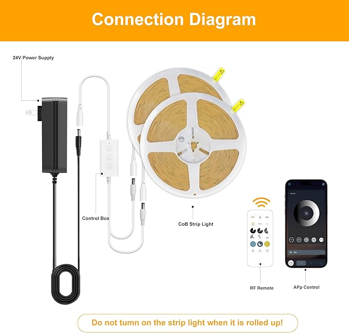 Pandery COB LED Strip Lights Warm White,24V Dimmable led Light Strip KIT with Remote and app Control,2700K 32.8FT/2 * 5m 8mm Wide Ra>90 Cuttable Flexible Strip Lights for Bedroom,Wardrobe,Cabinet