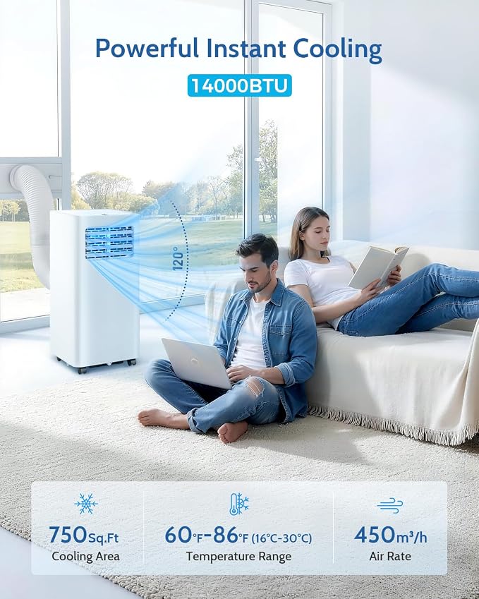 Feelfunn 14,000 BTU Portable Air Conditioners - 3-in-1 Portable AC Unit Cools Up to 750 Sq.Ft., with App/Wifi/Remote Control, Dehumidifier & Fan Modes, Window Mounting Kit, Ideal for Bedroom, Dorms