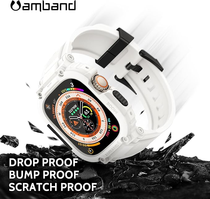 amBand Bands Case Screen Protector Compatible with Apple Watch Ultra 3/2/1 49mm, M1 Sport Series Rugged Cover Strap and 9H Tempered Glass Film, Protective Bumper for iWatch 49 mm Men White