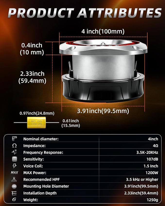 4 Inch Super Tweeters for Car Audio, 1200W MAX 4 Ohm Bullet Tweeter Speakers Pair, 107dB Titanium Compression Drivers with 1.5 Inch Voice Coil for Door Panels Speaker Boxes