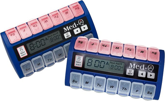 Med-Q Weekly Pill Organizer with Alarms | Automatic Electronic Pill Box with AM/PM Compartments, Flashing Light, Sound Alerts | Dual Color Combo 2 User | Medication Reminder for Seniors - Blue/White