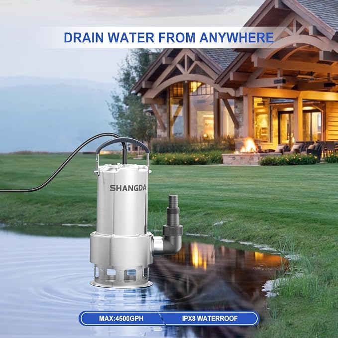 Sump Pump 1HP Submersible Water Pump 4500GPH Stainless Steel Electric Clean/Dirty Water Draining Transfer Pumps with Adapters for Pool Hot Tub Pond
