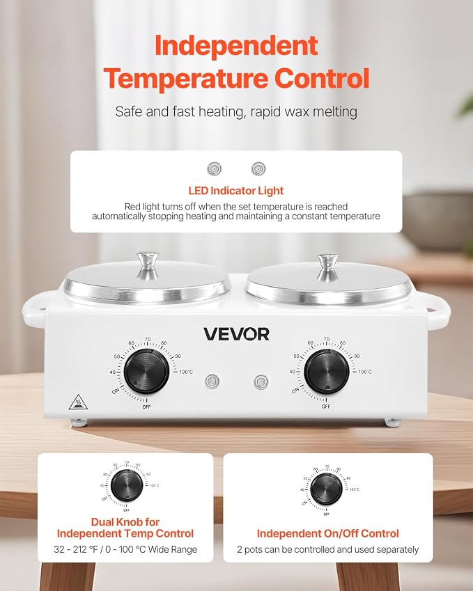 VEVOR Double Wax Warmer, 1200ML Professional Dual Wax Warmer for Hair Removal, 32 ℉ - 212℉ Adjustable Electric Waxing Heater Pot with 50PCS Waxing Sticks for Home Use, Beauty Salon, Spa