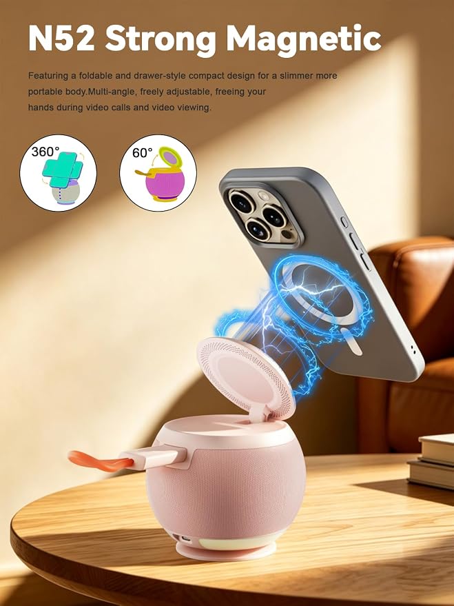5 in 1 Wireless Charging Station with Bluetooth Speaker and Night Light, Magnetic Fast Charger Stand for iOS Phones, Smartwatch and Wireless Earbuds, Bedside Charging Station, Pink