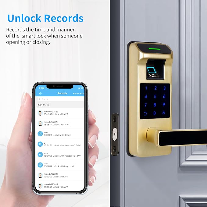 Fingerprint Door Lock, Heavy Duty Full APP Control Touchscreen Keypad Keyless Lock with Reversible Handle, Perfect for Home/Office/Bedroom Doors (Gold)