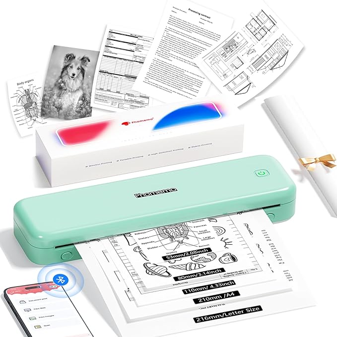 Phomemo M834 Portable Printer, Wireless Bluetooth Thermal Printer, Support Multi-Size Thermal Paper, Compatible with iOS, Android & PC, Mobile Printers for Travel, Office, School, Green