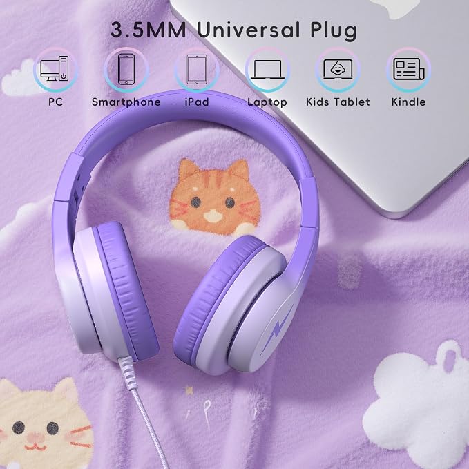 Candy Bila Kids Headphones, Wired Headphones for Kids Over Ear with Microphone, Foldable Headphone for Learning & Entertainment, Gradient Deep Purple