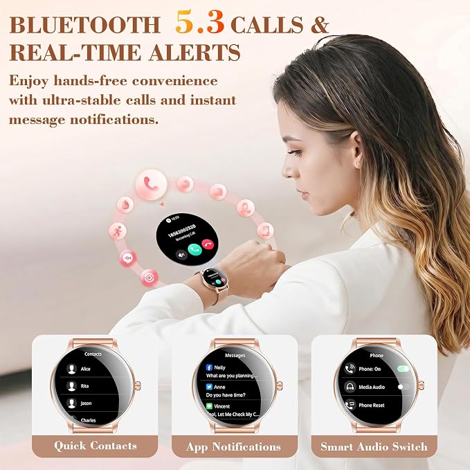 WalkerFit Smart Watches for Women, 1.32" AMOLED Curved Screen Fitness Tracker, Bluetooth Call for Android and iPhone, IP68 Waterproof Smartwatch, Wireless Charging, Heart Rate Tracker Rose Gold