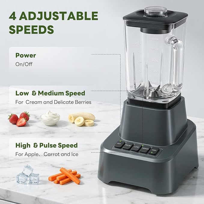 OLIXIS Professional Blender for Smoothies, Full-Size Kitchen Blender with 850 Peak Watts & 54oz Large Glass Pitcher, 4 Speeds with Pulse for Ice Crushing Frozen Fruits, Dishwasher Safe, Grey