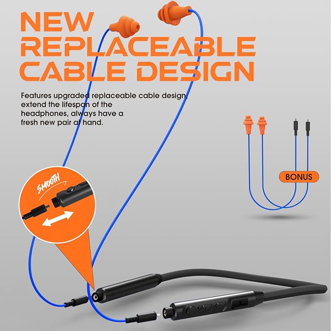 MIPEACE Bluetooth Earplug Headphones, Neckband Ear Protection Work earbuds-29db Noise Reduction Safety Headphones with Replacement Buds,19+Hour Battery for Lawn Mowing DIY (Orange)