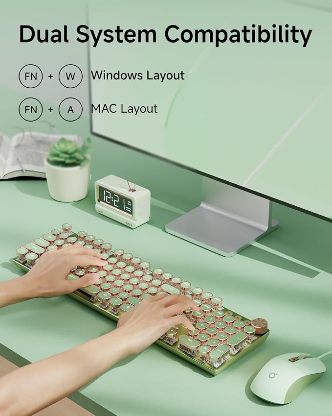 SEUNKWANG Wired Typewriter Keyboard and Mouse Combo, Retro Mechanical Keyboard with Multimedia Knob, White Backlit, Metal Panel, Low Noise Pink Switch Keyboard Mouse Set for PC Laptop - Green