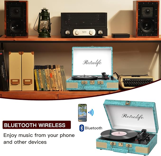 Retrolife Record Player 3 Speed Bluetooth Portable Suitcase Vinyl Player with Built-in Speakers Turntable Enhanced Audio Sound PU Leather Vintage