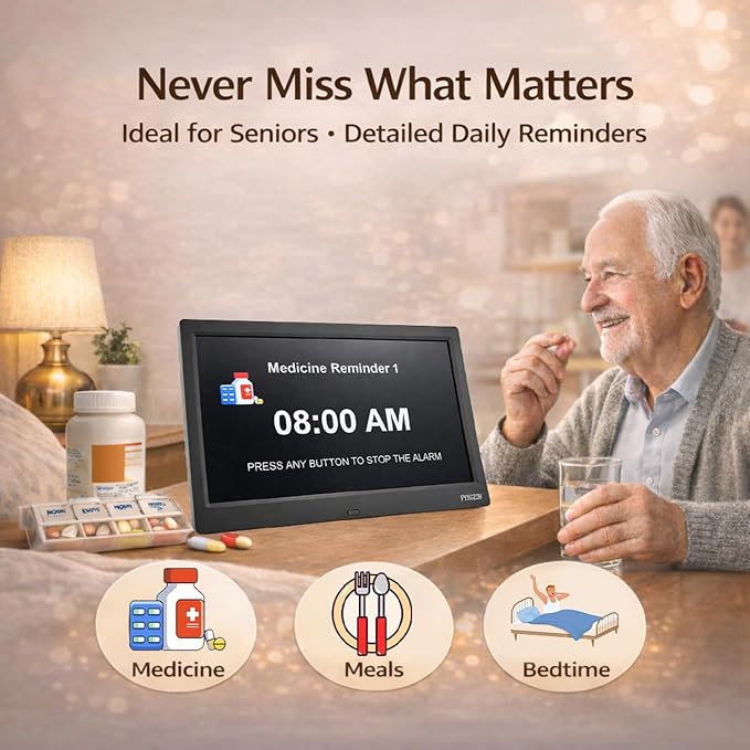 11.5'' Dementia Clocks for Seniors Extra Large, Senior Clocks with Day Date and Time, 20 Alarm Reminders, Easy-to-Read, Simple Setup, Plug-in, DST