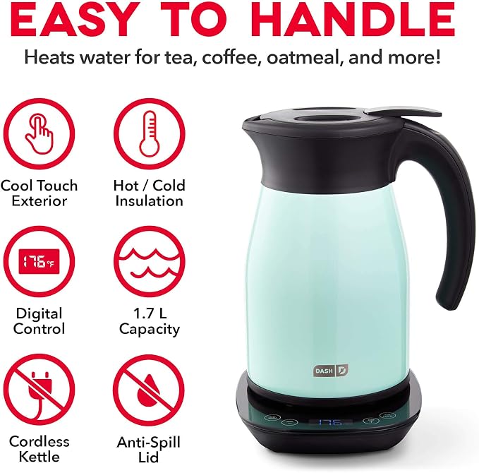 Dash Insulated Electric Kettle, 1.7L Stainless Steel Tea Kettle with Temperature Control, Keep Warm, Digital Display, Cool-Touch Exterior, Hot Water for Tea & Coffee, 1500W