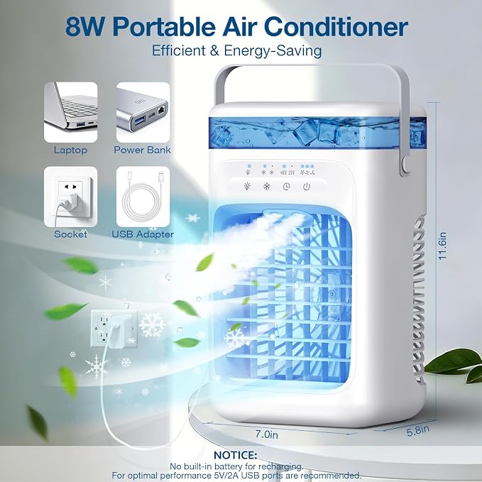 Portable Air Conditioners,Portable AC Unit with Timer,3 Speeds 2 Mist Modes,1000ml,7-Color Light,USB Mini Air Conditioner Evaporative Air Cooler Cooling Fan for Bedroom Kitchen RV Camping Car