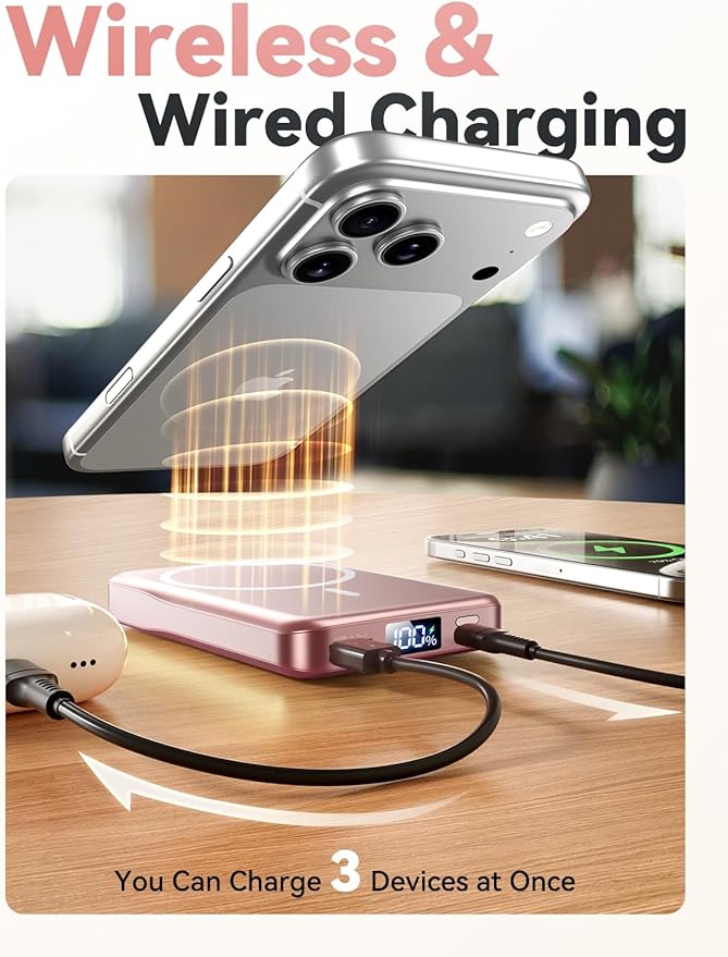 Aobbow Magnetic Portable Charger, 10000mAh for Magsafe Battery Pack, 20W Fast Charging Power Bank, Travel Essential of Wireless Charger Compatible with iPhone 17/16/15/14/13 Pro/Max/Air/Plus-Rosegold