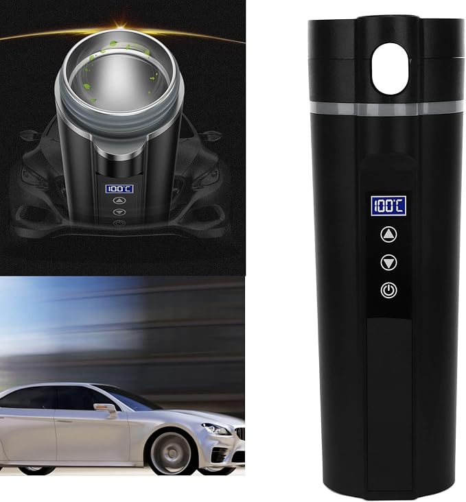 450ml Car Electric Kettle, 12V/24V 30-100℃ Adjustable Portable Water Boiler Heated Mug Car Heating Cup Coffee Warmer with Cigarette Lighter and Tea Filter for Truck RV Travel Camping Road Trip