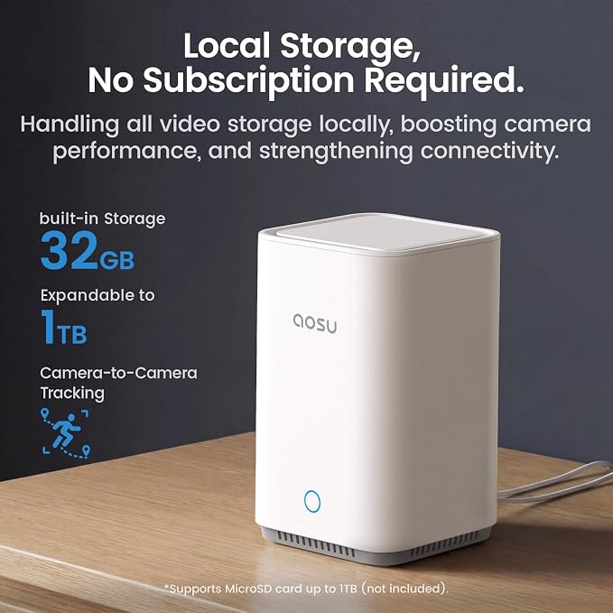aosu Wireless Outdoor Security Camera Kit with aosuBase Local Storage, 2K with 6X Zoom, 4-View Live, Cross-Camera Person Timeline, PIR + AI Human Detection, Color Night Vision, 4-Cam-Kit
