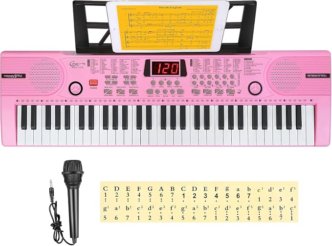 Piano Keyboard, 61 Keys Beginner Electronic Keyboard Portable Digital Music Keyboard, Early Education Music Instrument with Microphone & Music Sheet Stand