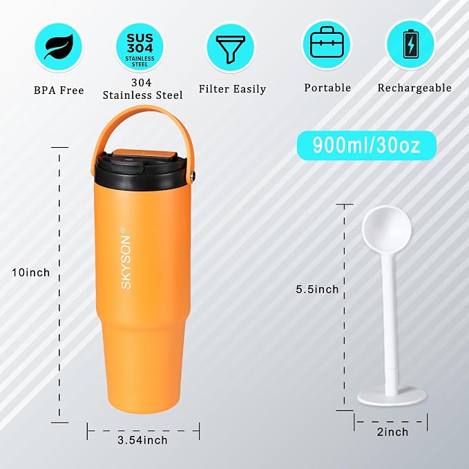 minkah Fast Extraction Mini Electric Coffee Maker - Portable Filter Coffee Brewer for Travel,Insulated Stainless Steel Tumbler,30 oz Reusable Iced Coffee Cup Machine,Hot Coffee Mug with Lid (Orange)