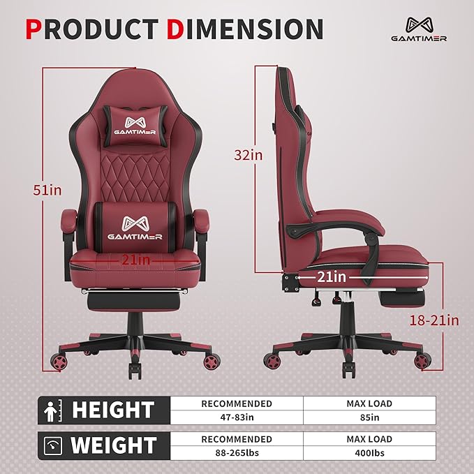Gamtimer Gaming Chair with Footrest, Ergonomic Computer Chair, PU Breathable Material with Headrest and Lumbar Support, Suitable for Silla Gamer and Adults