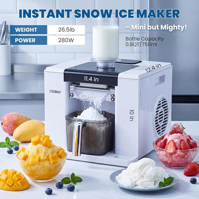 NEWTRY Snowflake Ice Machine 280W Shaved Ice Machine Automatic Snow Cone Maker Air Cooling Efficient Ice Crushing for Party Bar Home 110V (White)