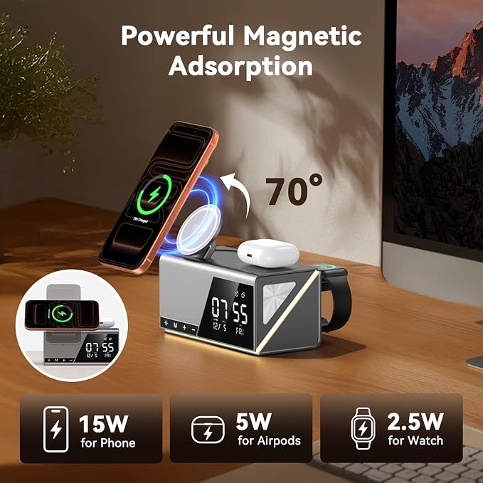 4URPC 6-in-1 Alarm Clock Wireless Charging Station for Apple Devices,MagSafe Charging Dock for iPhone 17/16/15/14/13 Series, Apple Watch, AirPods,Wireless Charger with Night Light/Alarm Clock