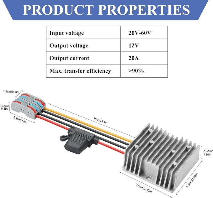 20A 240W DC 20V-60V Step Down to 12V Converter DC Converter Voltage Regulator Transformer with Fuse Power Adapter for Car Truck Vehicle Boat
