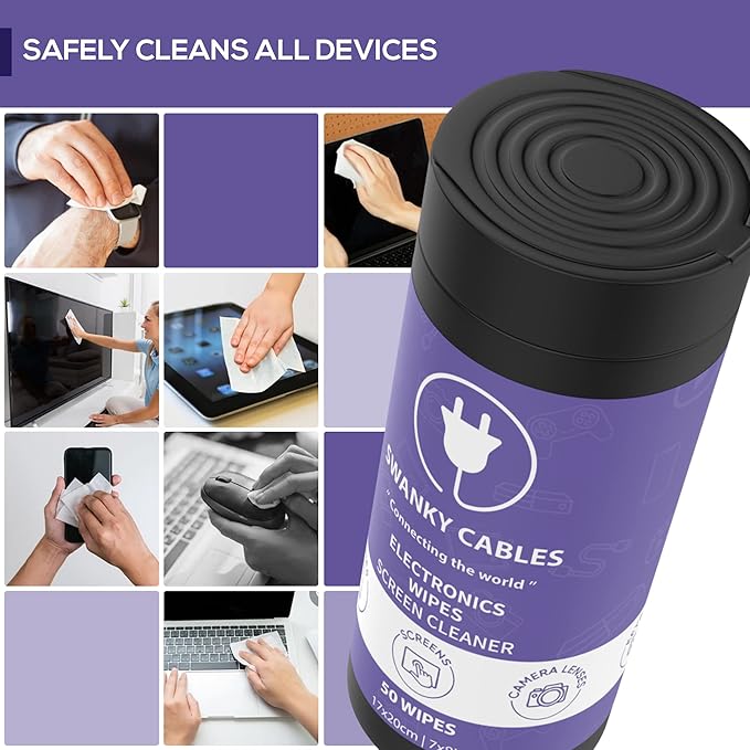 Swanky Cables Screen Cleaner Wipes: Electronic Wipes for Screens - Computer Screen Wipes for Lens, Phone, Tv Screen and Monitor Cleaning - Tech Wipes & Microfiber Cloth (Canister, 200 Count)
