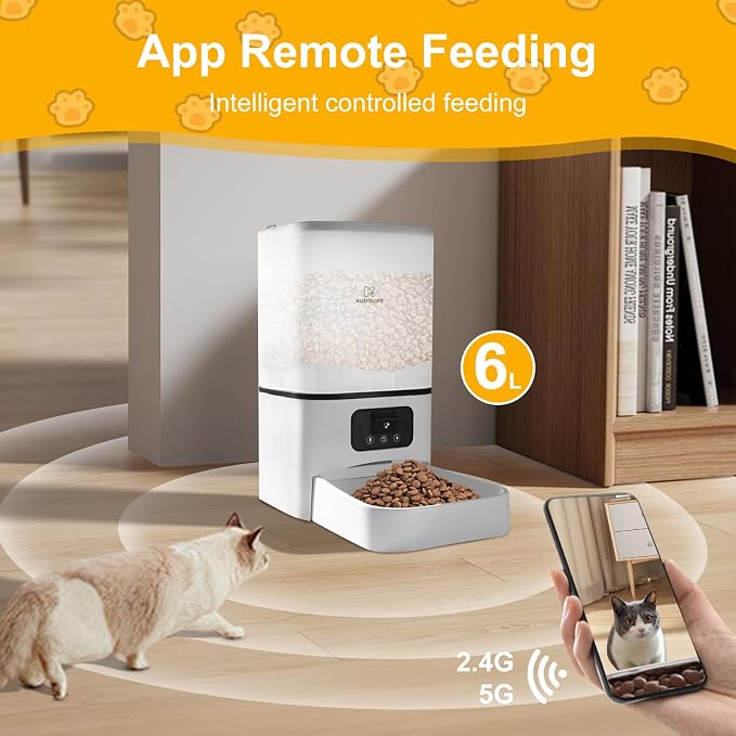 Automatic Cat Feeder with Camera Remote Control via WiFi Mobile APP, Video Viewing and Adjustment, 6L Food Bucket, 15-Second Audio Call for Pets to eat, Low Food Sensor Sound Alarm