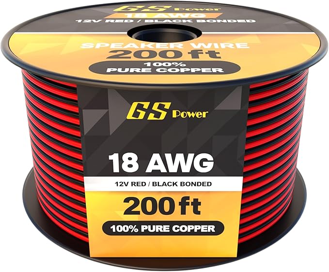 GS Power 18 Gauge Wire 200ft Oxygen Free, OFC Pure Copper Electrical 12v Low Voltage Speaker Wire Spool, 18AWG for Electric, Automotive, Trailer, Stereo, RC, Car, Home Theater, LED, Lamp Wiring