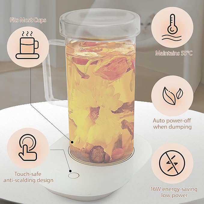FLFK 20 oz Glass Coffee Mug with USB Cup Warmer,Heated Mug Warmer for Coffee & Tea,Portable USB-Powered Desk Glass Cup Heater for Office.
