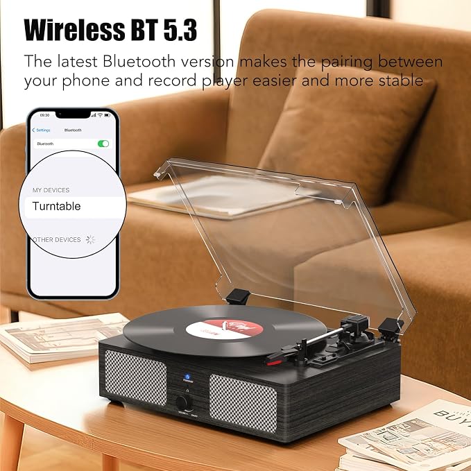 Vinyl Record Player Wireless Turntable with Built-in Speakers and USB Belt-Driven Vintage Phonograph Record Player 3 Speed for Entertainment and Home Decoration Black