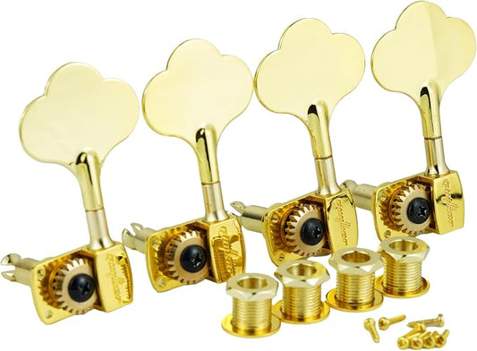 Guyker Bass Tuners (4 for Left) - 1:22 Ratio Gear Open Frame Bass Drop Locking Machine Head Tuning Key Pegs Replacement for Electric Jazz Guitar Bass or Precision Instruments, BB100 Gold