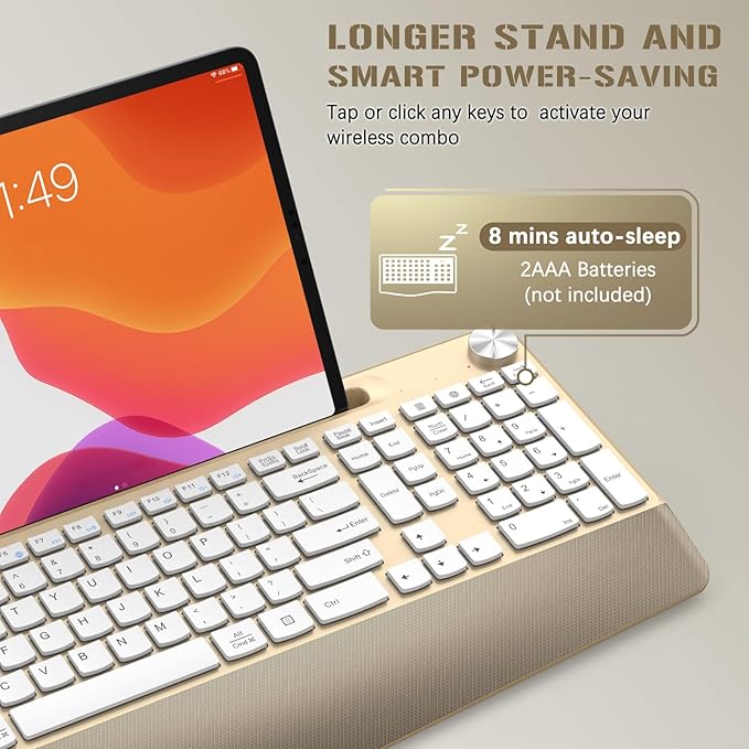 GAMCATZ Ergonomic Wireless Keyboard with Wrist Rest-Low-Profile,Phone/Tablet Holder,Quiet Design，Windows & Mac OS，Full Size Cordless USB Computer Keyboard for Desktop,Laptop, PC, Mac, Windows-Gold