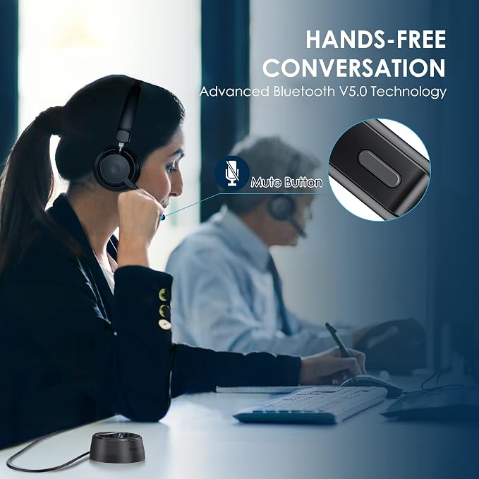 Mopchnic Bluetooth Headset, Wireless Headphone with Microphone for Computer, On Ear Bluetooth Headset with USB Dongle for Office Call Center Skype Zoom Meeting Online Class (Gray)