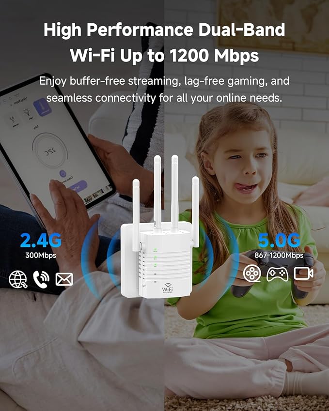 1-Tap Setup WiFi Extender, Dual Band 5GHz/2.4GHz WiFi Signal Booster, 12880 Sq.Ft WiFi Range Extender, 105 Devices Supported, Ethernet Port & High Speed Signal Amplifier