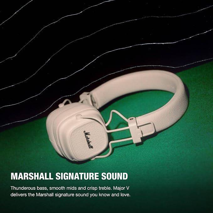 Marshall Major V Wireless On-Ear Bluetooth Headphones - 100+ Hr Playtime | Detachable Audio Cable | Microphone for Calls | Lightweight, Foldable Design for Travel - Cream