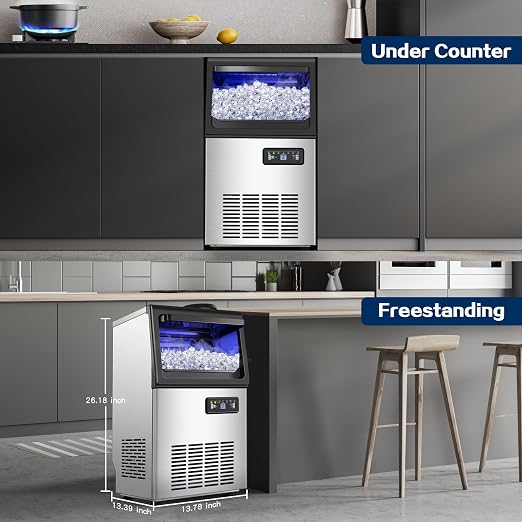 Commercial Ice Maker Machine 110LBS/24H, Undercounter or Freestanding Ice Machine with 22LBS Storage Bin, Stainless Steel Self-Cleaning for Home, Bar, Restaurant, Coffee Shop