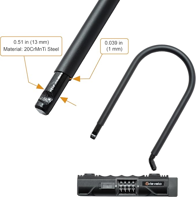 Via Velo Heavy Duty U-Lock with 4-Digit Resettable Combination & 5ft Steel Cable, Anti-Theft Bike Lock for Bicycles, Scooters, and Electric Bikes