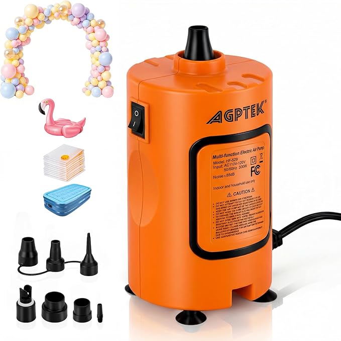 AGPTEK Electric Air Pump with 8 Versatile Nozzles, Portable Fast Fill Air Mattress Pump for Inflatables, High Pressure Quick Inflator for Balloon, Pool Floats, Kayak, Vacuum Storage Bag