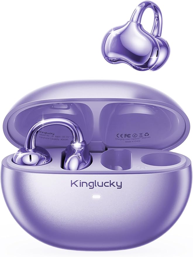 Kinglucky Upgraded Clip-On Earbuds Comfortable fit & Crystal-clear Sound, 40H Playtime Open Ear Buds Bluetooth 6.0 Wireless Headphones for Women Ideal for Small Ears, Sports & Workouts, Glasses Purple