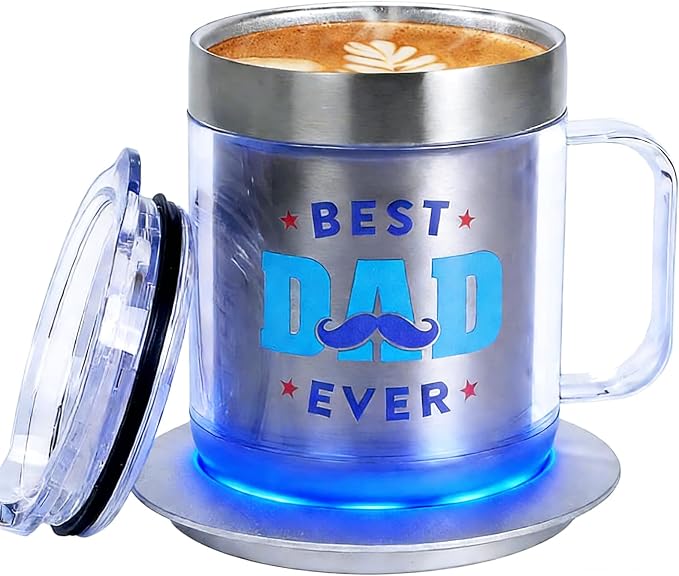 Birthday Gifts for Dad, 12oz Funny Heated Coffee Mug for Dad with BEST DAD EVER, Electric Coffee Cup with Warmer Set, Ideal Valentines Father Day Gifts from Wife Daughter Son(Silver DAD-12oz)