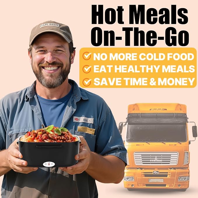 Electric Lunch Box for Adults, 80W Fast Heating Heated Lunch Box, 1.5L Dual 304 Stainless Steel Portable Food Warmer, 12/24/110V for Car Truck Work Travel, Lonchera Eléctrica Portátil(Black)
