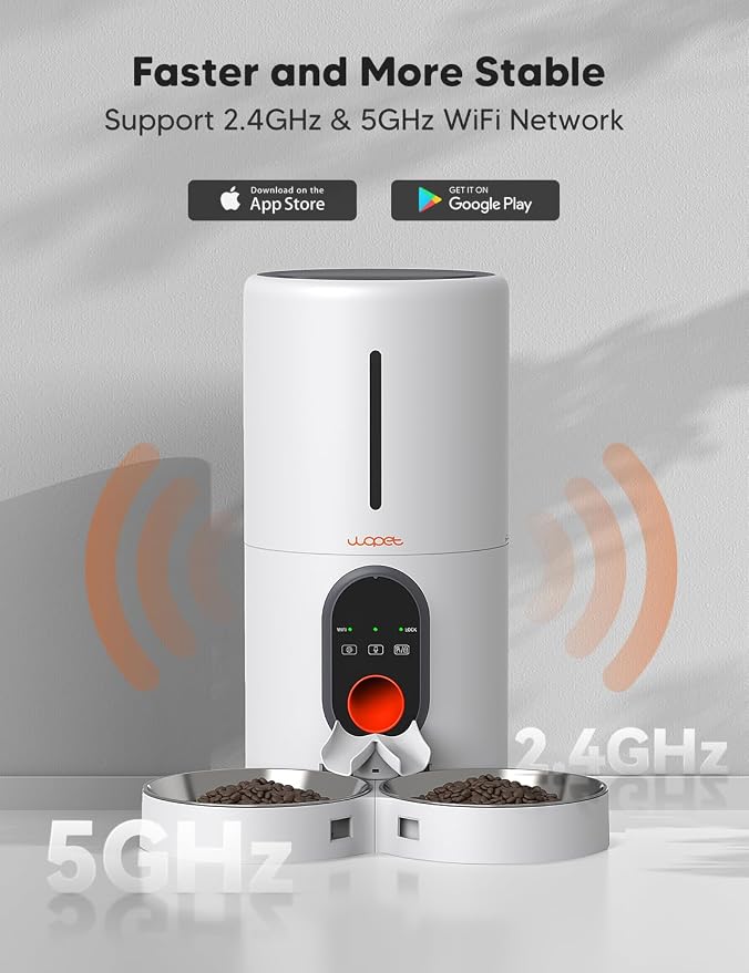 WOPET Automatic Cat Feeder, 5G WiFi Pet Feeder for Two Cats or Dogs with Remote Control, 6L Cat Food Dispenser with Low Food Sensor, 1-10 Meals Per Day, Up to 10s Meal Call for Pets
