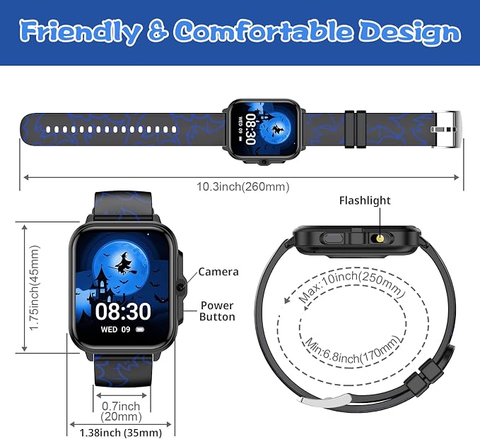 Smart Watch for Kids Boys Age 5-12, Ai Functions Games HD Touch Screen Watches with Video Camera Music Player Pedometer Heart Rate Sleep Tracker Christmas Birthday Gifts for Boys (Black, 1.85")
