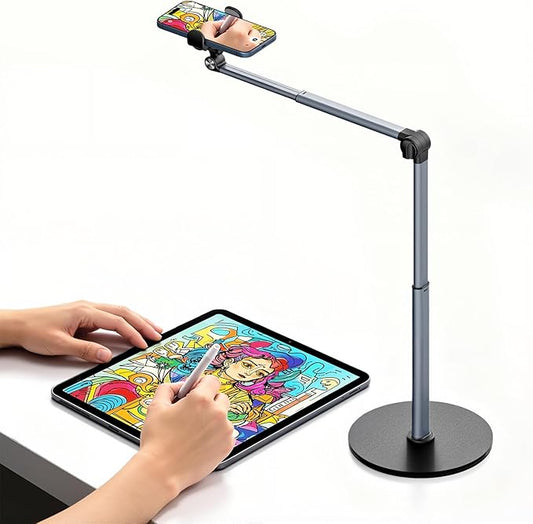 MoKo Overhead Tripod for iPhone, Heavy Duty Aluminum Overhead Phone Mount, Angle & Height Adjustable, Telescopic Arm, Overhead Phone Stand for Recording, Live Streaming, Cooking, Filming (Clip)