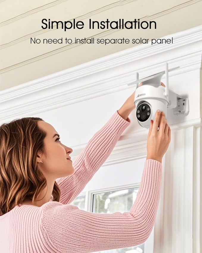 ANRAN Solar Security Cameras Wireless Outdoor,2K Cameras for Home Security with Fixed Solar Panel, 360° PTZ for Home Surveillance,2.4G WiFi, PIR Human Detection, 3MP Color Night Vision, 2-Way Talk
