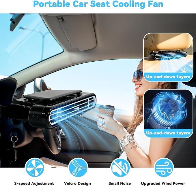 2PCS Car Seat Fan, Portable Car Fans for Backseat for Kids, USB Rechargeable Backseat Neck Cooling Air Conditioner Cooler Vent Clip on Fan with 3 Adjustable Wind Speeds Device for All Cars-Black