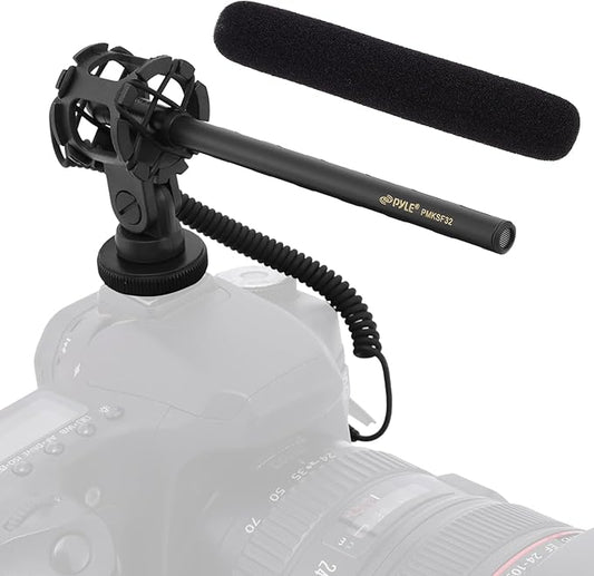 Pyle Camera-Mount Shotgun Microphone, Back Electret Condenser, Line-Gradient Pattern, 3.5mm Connector, 42dB Sensitivity, 50Hz-18kHz, Windscreen & Mic Holder, On-Camera Condenser Mic for Clear Audio